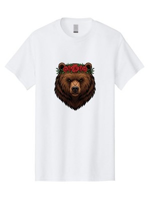Bear-Head-With-Roses Mens Graphic Tee, 100% Cotton, Casual Summer Wear