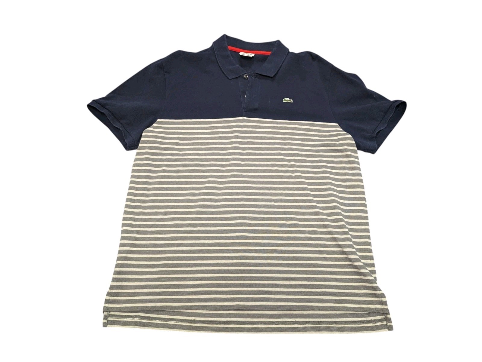 Men’s Lacoste Striped Cotton Polo Shirt Large Navy Gray