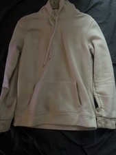 Beige Fleece Pullover Hoodie for Men with Drawstring Hood and Pocket