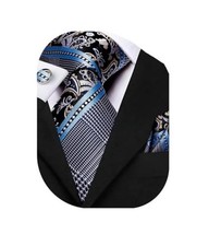 Mens Paisley Floral Silk Tie for Men Striped Necktie and Pocket Square Blue