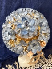 Vintage Natural Straw Hat Blue Flowers Gray Lace Victorian Style Bonnet