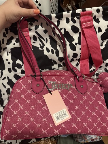 Juicy Couture Pink Monogram Small Satchel Top Handle Zip Bag Charm Pockets