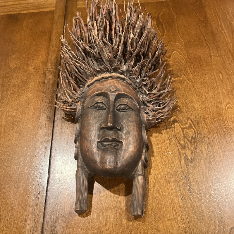 Oriental Mask Buddha's Face Rosewood With Hair Made with Roots 9" x 17"