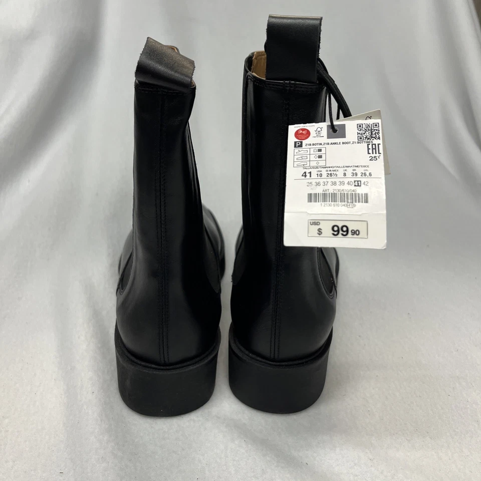 NUEVO CON ETIQUETAS ZARA Botas Chelsea Botin, Cuero Negro Para Mujer Talla 10, EU 41, Puntera Cuadrada Foto 4 de 4