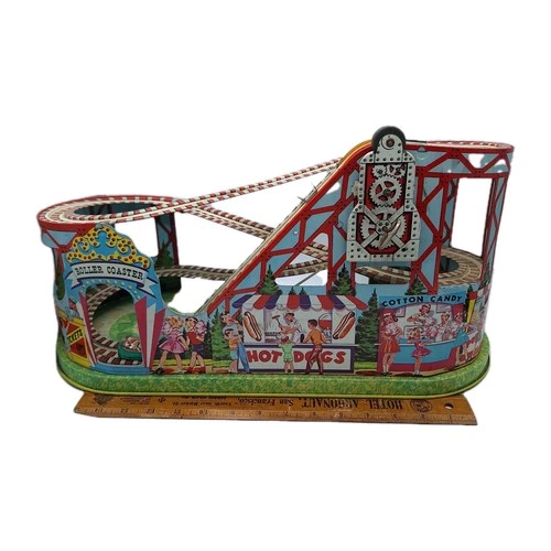 Working Vintage J. Chein Tin Litho Wind Up Roller Coaster 1960s Green & Red Car