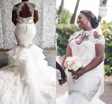 Popular High Neckline Crystals Beaded Mermaid Wedding Dresses Cathedral Train