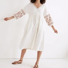 MADEWELL Embroidered-Sleeve Popover Midi Dress White Rust Red {MM22}