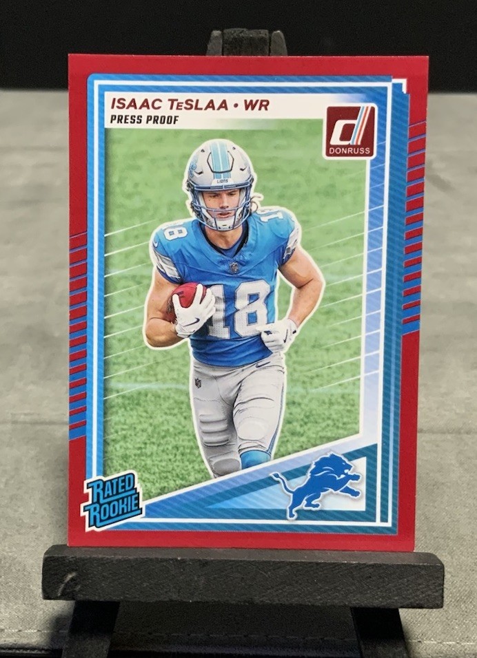2025 Donruss Isaac TeSlaa Rated Rookie Press Proof Red RC #338 Lions