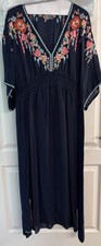 JOHNNY WAS Large NAVY BLUE MAXI FLORAL EMBROIDERED KAFTAN DRESS Beautiful