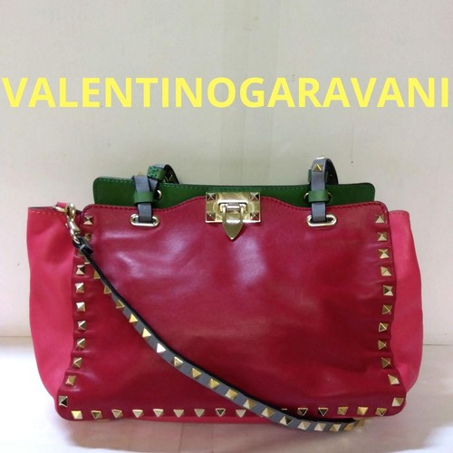 VALENTINO GARAVANI Leather Tote Bag Green Pink Rockstud 2way Used From Japan