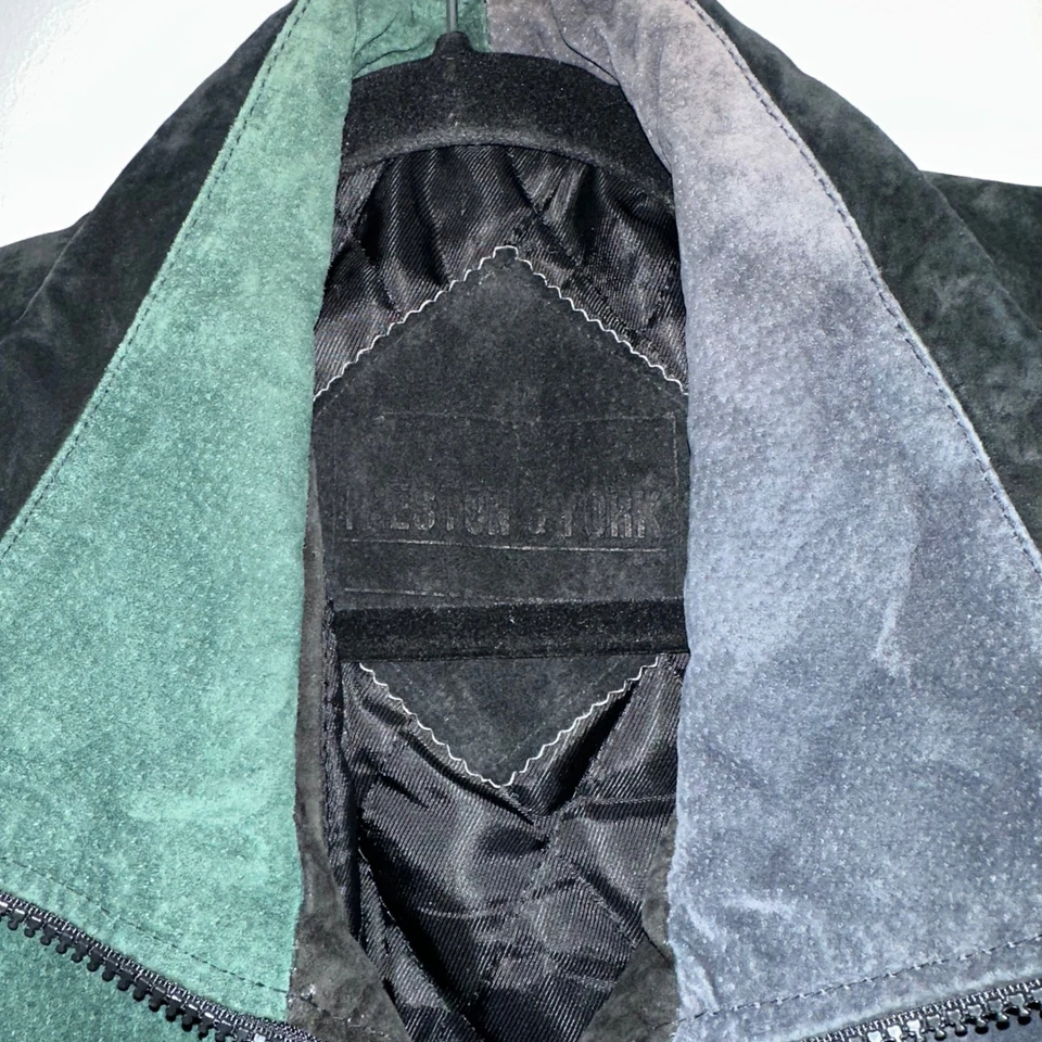 Chaqueta Bomber Vintage Colorblock Cuero Genuino Para Hombre Talla S Verde Gris Negra Foto 3 de 4