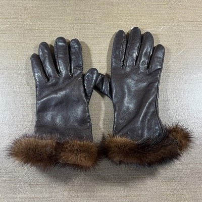 Vintage Nordstrom Brown Leather Gloves 100% Cashmere Lined Women s Size 7 1/2