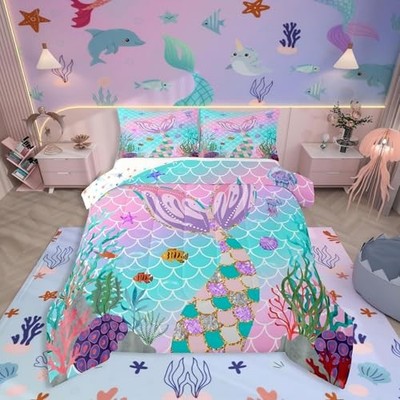  Mermaid Tail Comforter Set,Kids Fish Scales Down Comforter,Girly King Multi 02