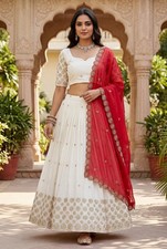 Women Readymade White Lehenga Choli Sequence Embroidery Work Pink Dupatta Set