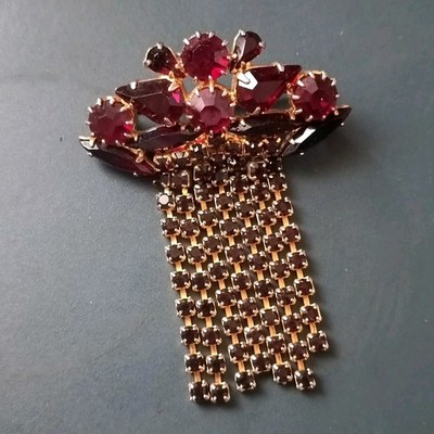 Vintage Brooch with Tassels   Deep Red Faceted Stones   Gold Tone