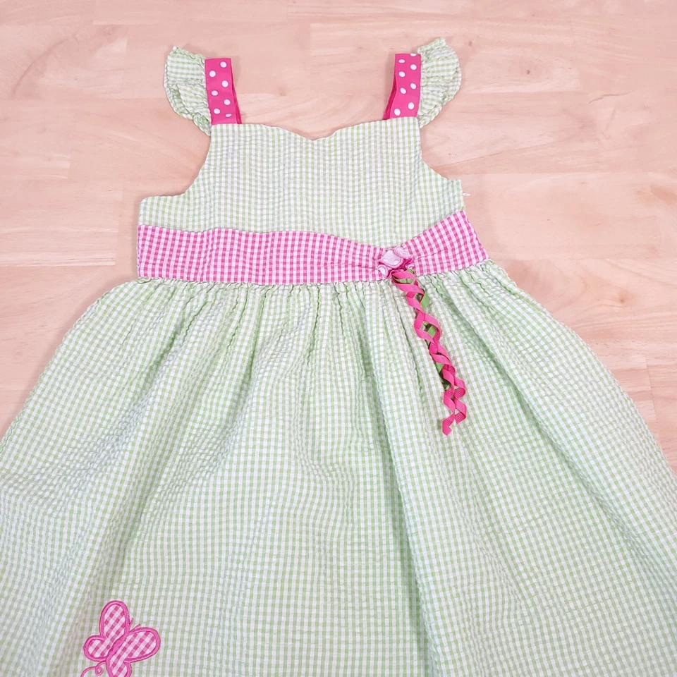 Vestido Bonnie Jean Seersucker Mariposa Talla 6X Niñas Verde Blanco Guinga Solero Foto 3 de 4