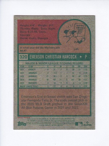 2024 Topps Heritage Mini #320 EMERSON HANCOCK RC Seattle Mariners ROOKIE MINI - Picture 3 of 3
