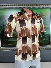 Vintage 1970s Disco Joel Cal Made Brown Dagger Collar Polyester Shirt Mens - M