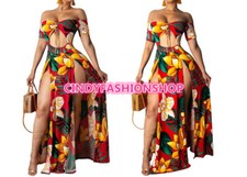 USA Women Floral Print Short Sleeve High Split Beach Hollow Out Maxi Dress  #A4