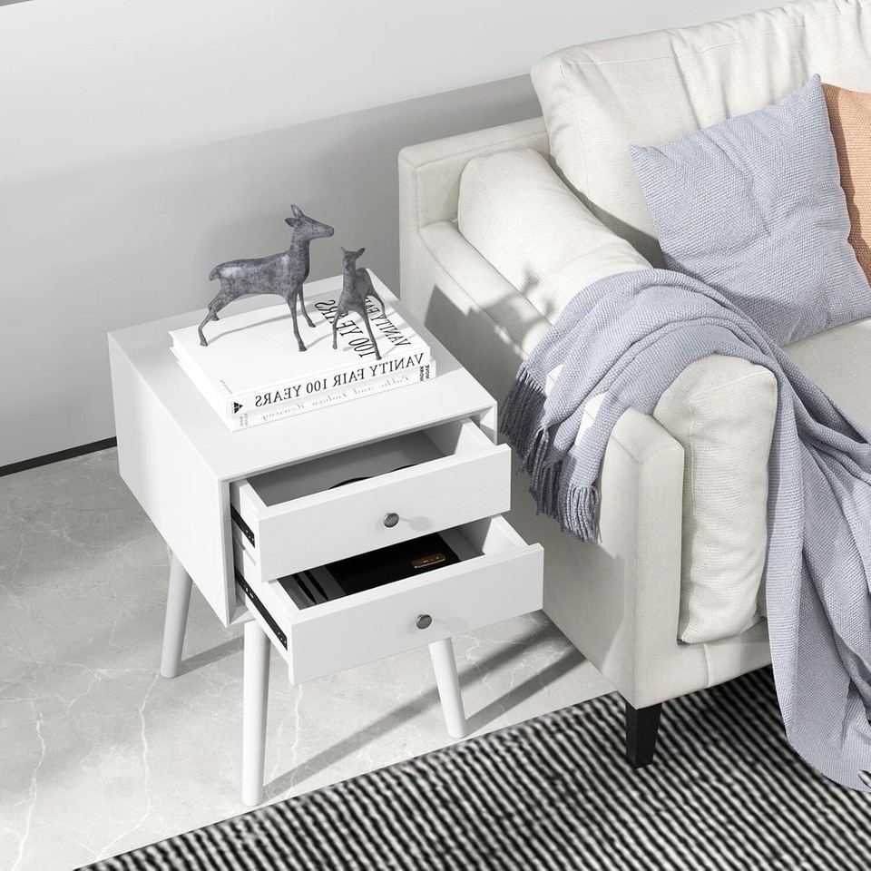 Nightstand with 2 Drawers, Small Wooden Side Table, Mid Century Modern