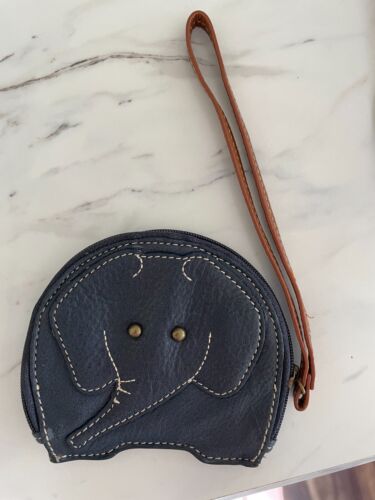 Coldwater Creek Genuine 100% Leather Change Purse Elephant Navy Blue with Strap - Picture 1 of 2