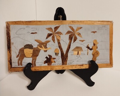Vintage Handmade Artist Signed Shaved Wood Art ''Haiti'' on Canvas on Cardboard