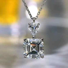3Ct Lab Created Diamond Asscher Cut Pendant 14K White Gold Finish Free Chain