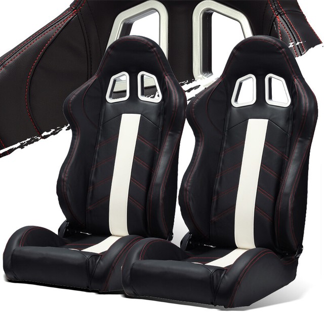 Pair Of Black PVC Leather Racing Bucket Seats With White Stitching & Blue Stripes