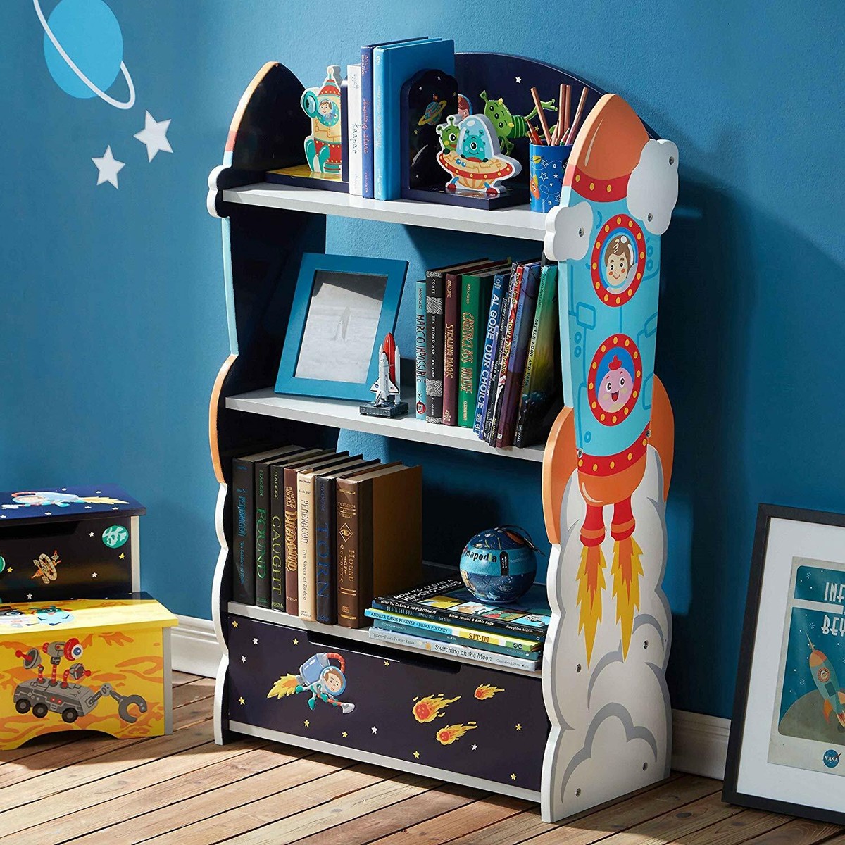 Kids Bookcase Shelf Outer Space Themed Space Ship Stars Aliens