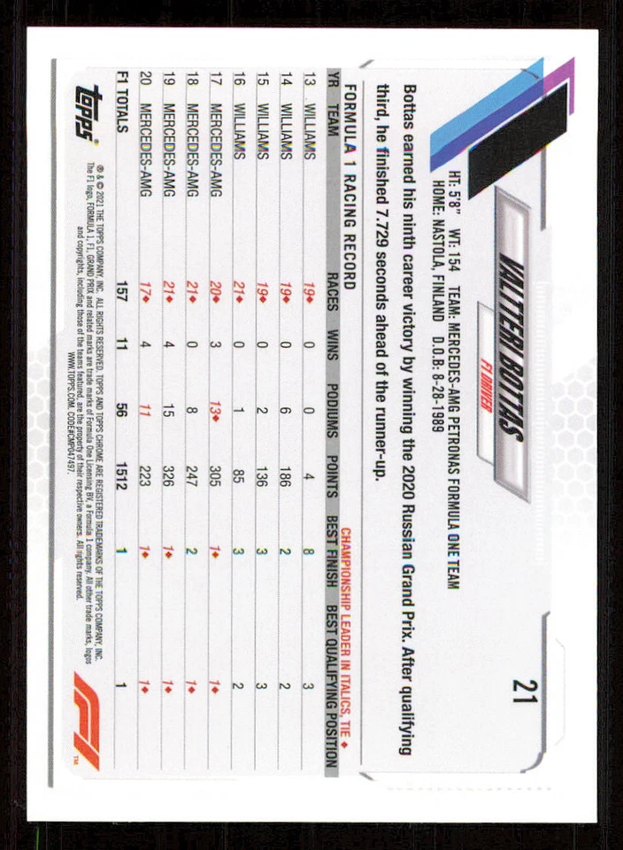 2021 Topps Chrome Formula 1 #21 Valtteri Bottas - Image 2 of 2