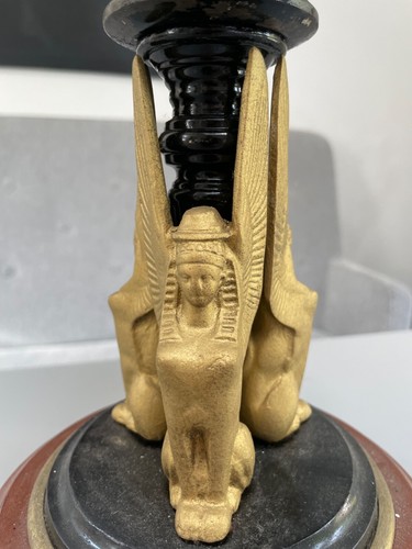 cast iron Egyptian Revival WINGED SPHINX OIL LAMP BACARRAT CUT GLASS FONT BURNER - Picture 8 of 14