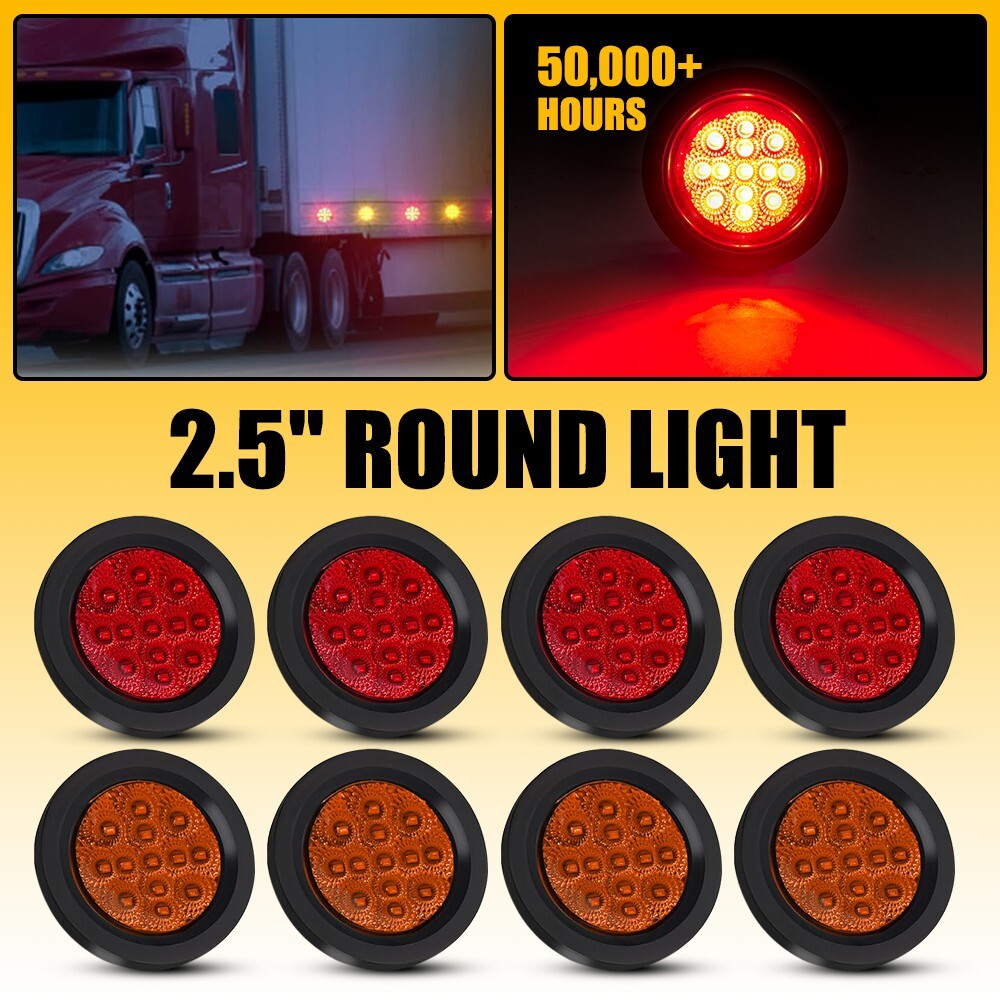 2.5 Inch DOT Round Amber Red LED Trailer Marker Lights with Grommet for Trucks