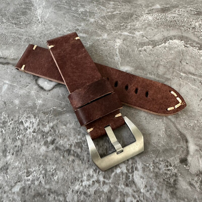 Premium Thick Brown Leather Watch Strap Vintage Band For Panerai PAM 24mm Lug
