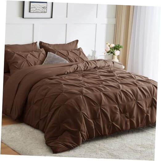 Comforter Size Set- 7 Pieces Comforters Size, Pintuck Bed in A Bag Queen Brown