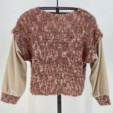 Sew In Love Fuzzy Open Cable Knit Sweater w/ Long Fleece Sleeves Knit Top Small