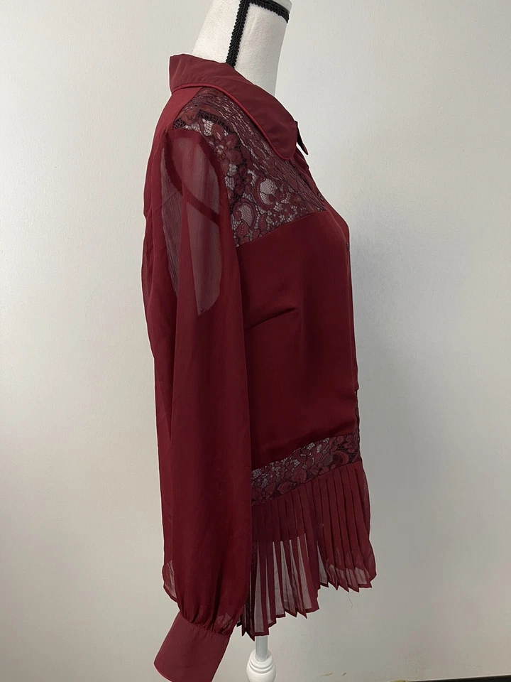 Topshop Shirt Womens Size 6 Button Up Red Chiffon Transparent Tunic Lace N204 - Image 3 of 4