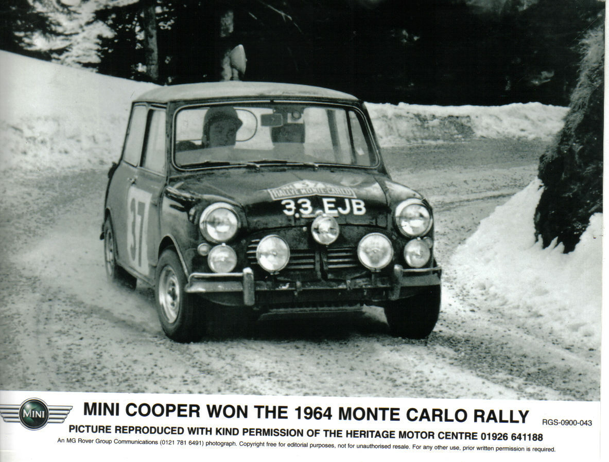 Mini Cooper in 1964 Monte Carlo Rally retrospective b/w Press