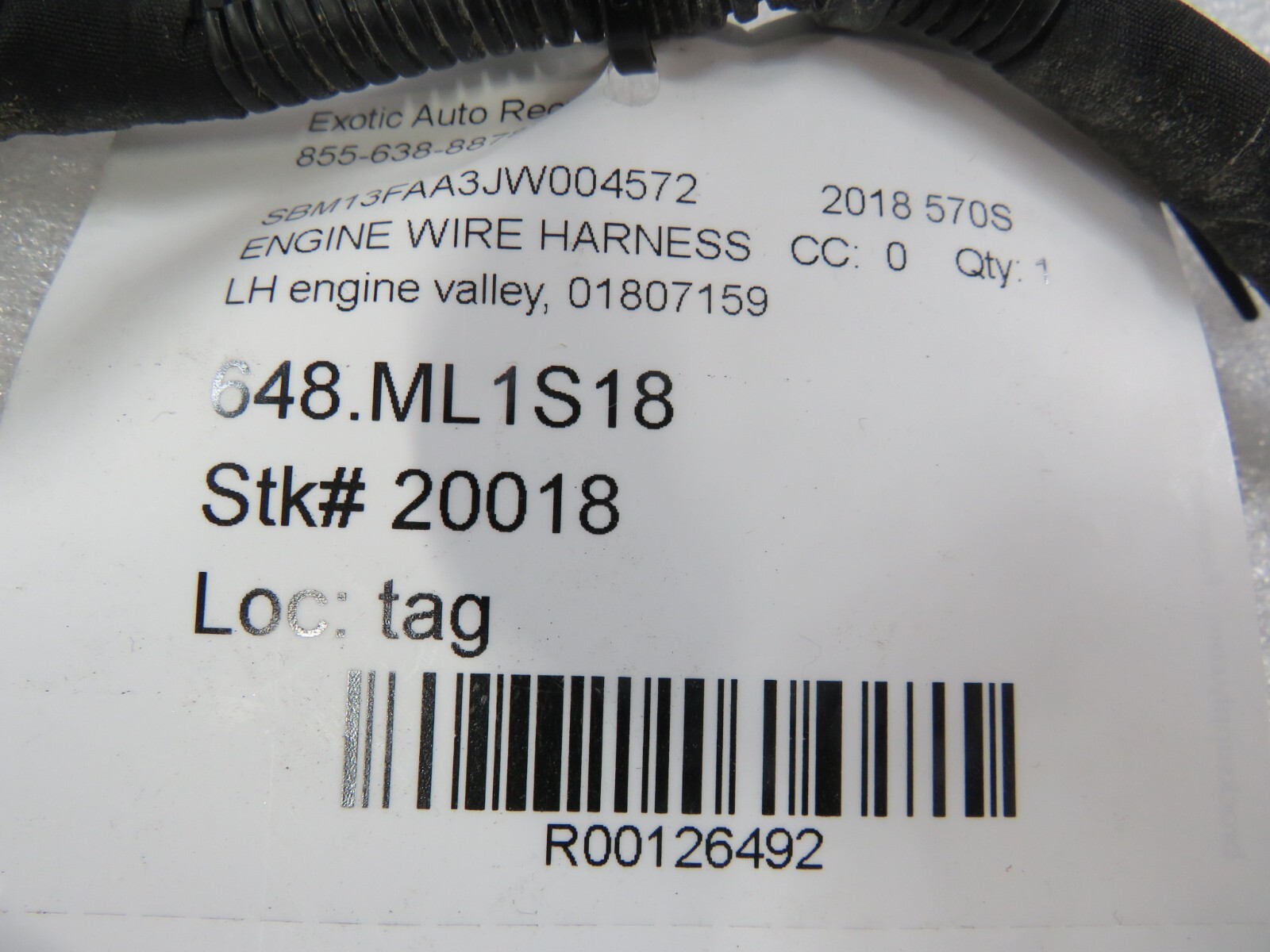 Mclaren 570S, LH, Left, Engine Valley Wire Harness, Used, P/N 01807159