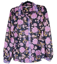 Nanette Lepore Womens Medium Top Button Front Black Long Sleeve Pink Floral