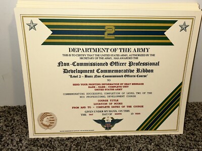 NCO PROFESSIONAL DEVELOPMENT LV-2 COMMEMORATIVE CERTIFICATE ~ W/PRINTING TYPE-1