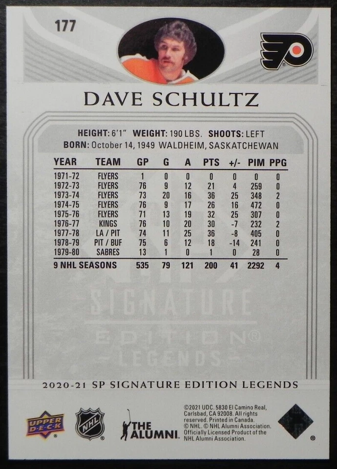 2020-21 20/21 SP Signatures Edition Legends Silver Script #177 Dave Schultz - Image 2 of 2