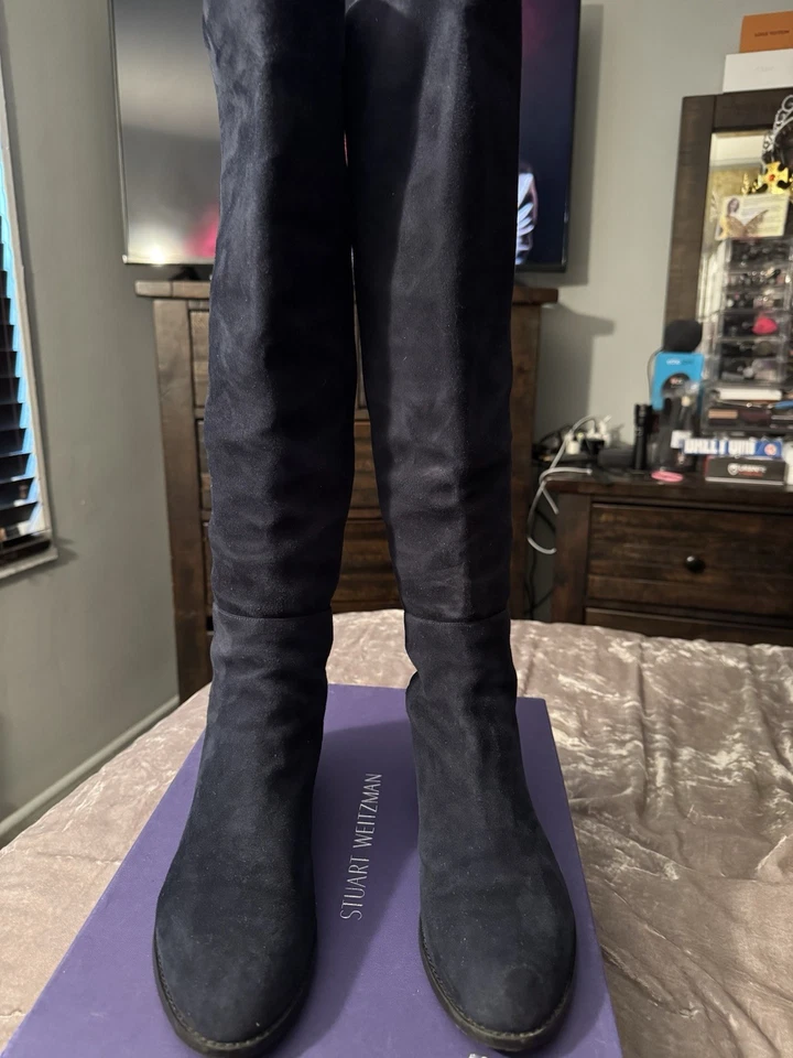 Bota por encima de la rodilla Stuart Weitzman Mainstay para mujer Talla 10M Ante azul marino Foto 2 de 4
