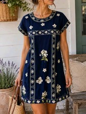 Vestido Mimi & Daphne Bordado Azul Marino Algodón Cambio Floral Boho Talla M Cottagecore