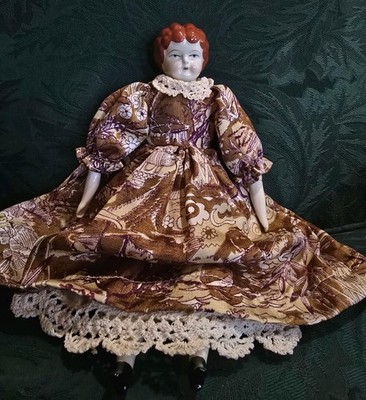 Vintage 1975 ''Meg'' Tudor China Head Doll   Red Auburn Molded Hair, Calico Dress