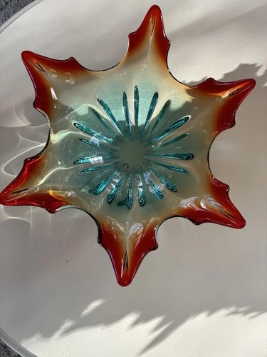 VINTAGE ITALIAN MURANO ART GLASS TWO TONED BOWL IN RED AND BLUE