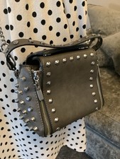 Zara Style Grey Faux Leather Studded Crossbody Bag With Silver Chain And Zips