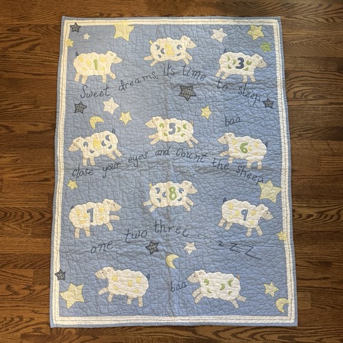 Vintage Pottery Barn Kids Counting Sheep Baby Crib Bedding Blue Quilt Blanket