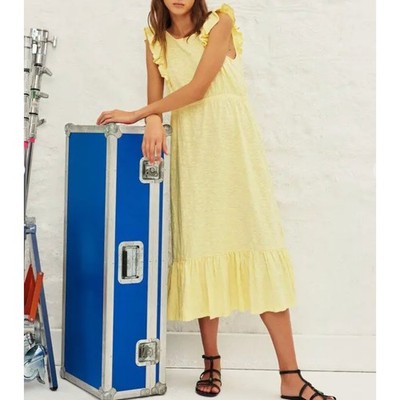 BA&SH Yellow Prairie Midi Dress SMALL Cottage Tiered Ruffle Cotton Designer $220