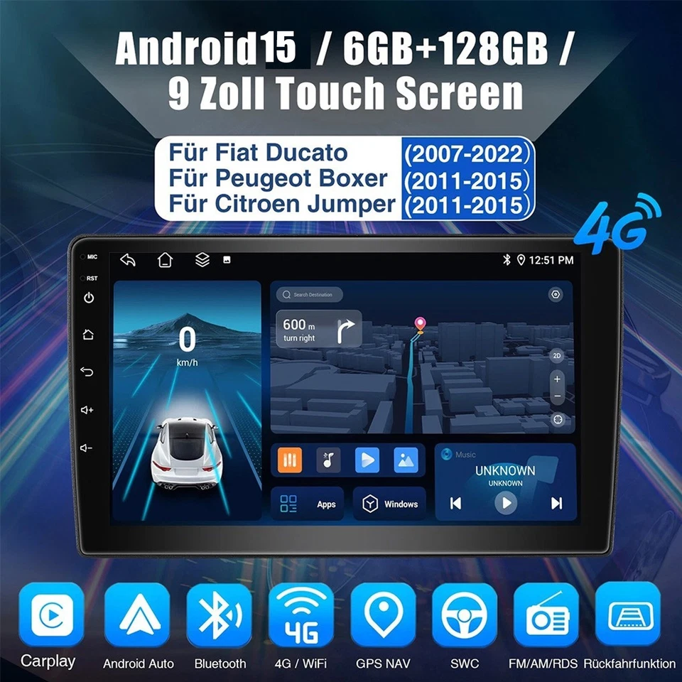 DAB+ Für Fiat Ducato 2006-2023 Android 15 CarPlay Autoradio GPS Navi RDS 6+128GB - Bild 2 von 4