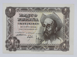 1951 Spain Banco De Espana 1 Spanish Peseta Banknote ESP Serial No A 1900720